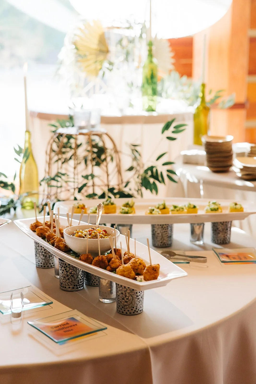 Elegant wedding appetizer display with fried hors d'oeuvres and dipping sauce by Nashville caterer A Catered Affair