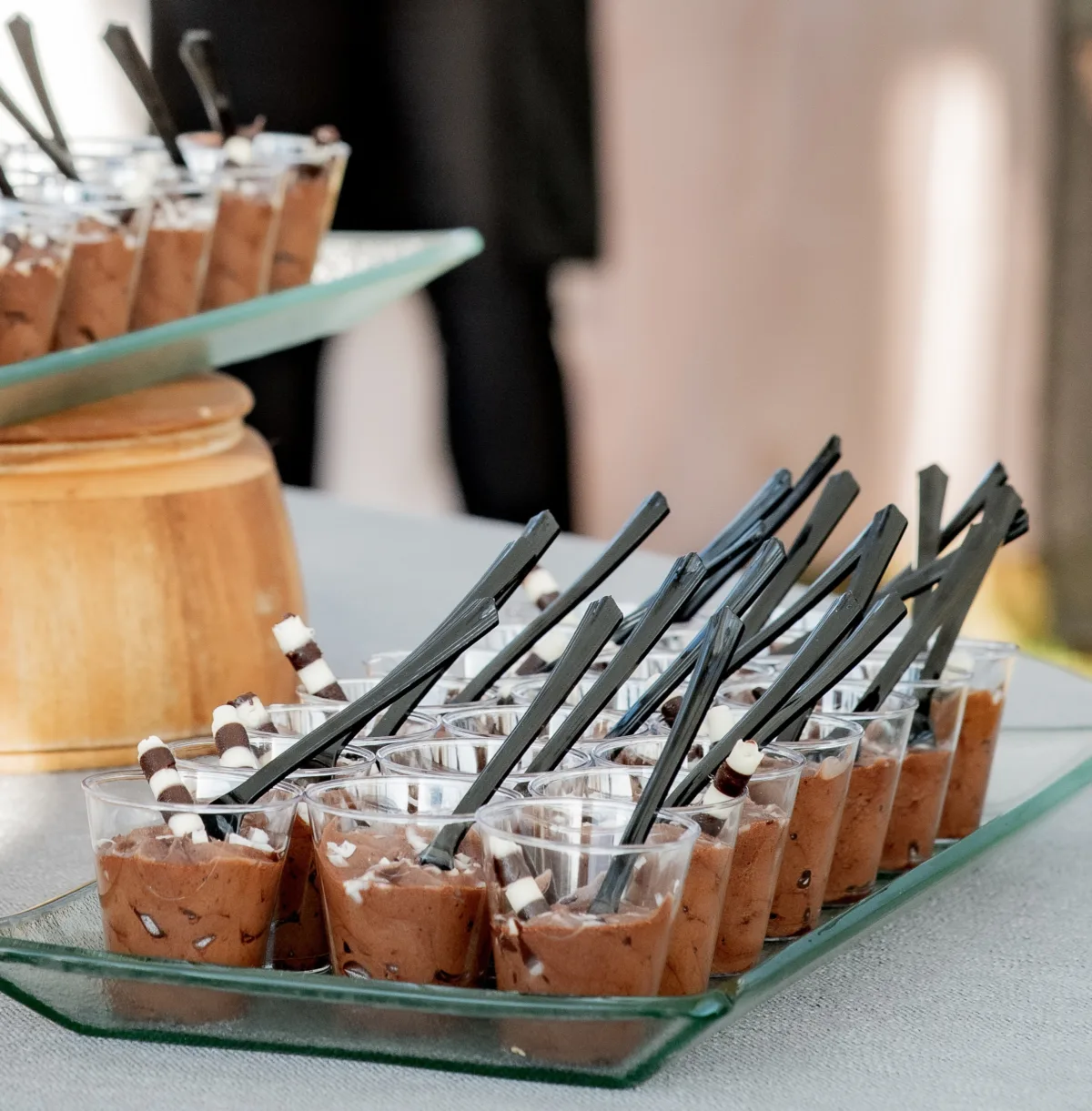 nashville wedding catering chocolate dessert cups a catered affair - Desserts Elegant chocolate dessert cups with black straws and marshmallows served by Nashville wedding caterer A Catered Affair