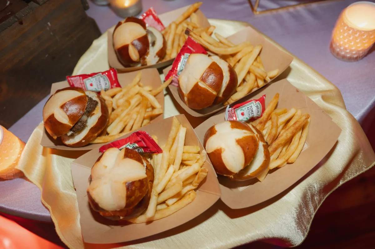 Mini slider burgers with fries served by Nashville wedding caterer A Catered Affair for wedding reception
