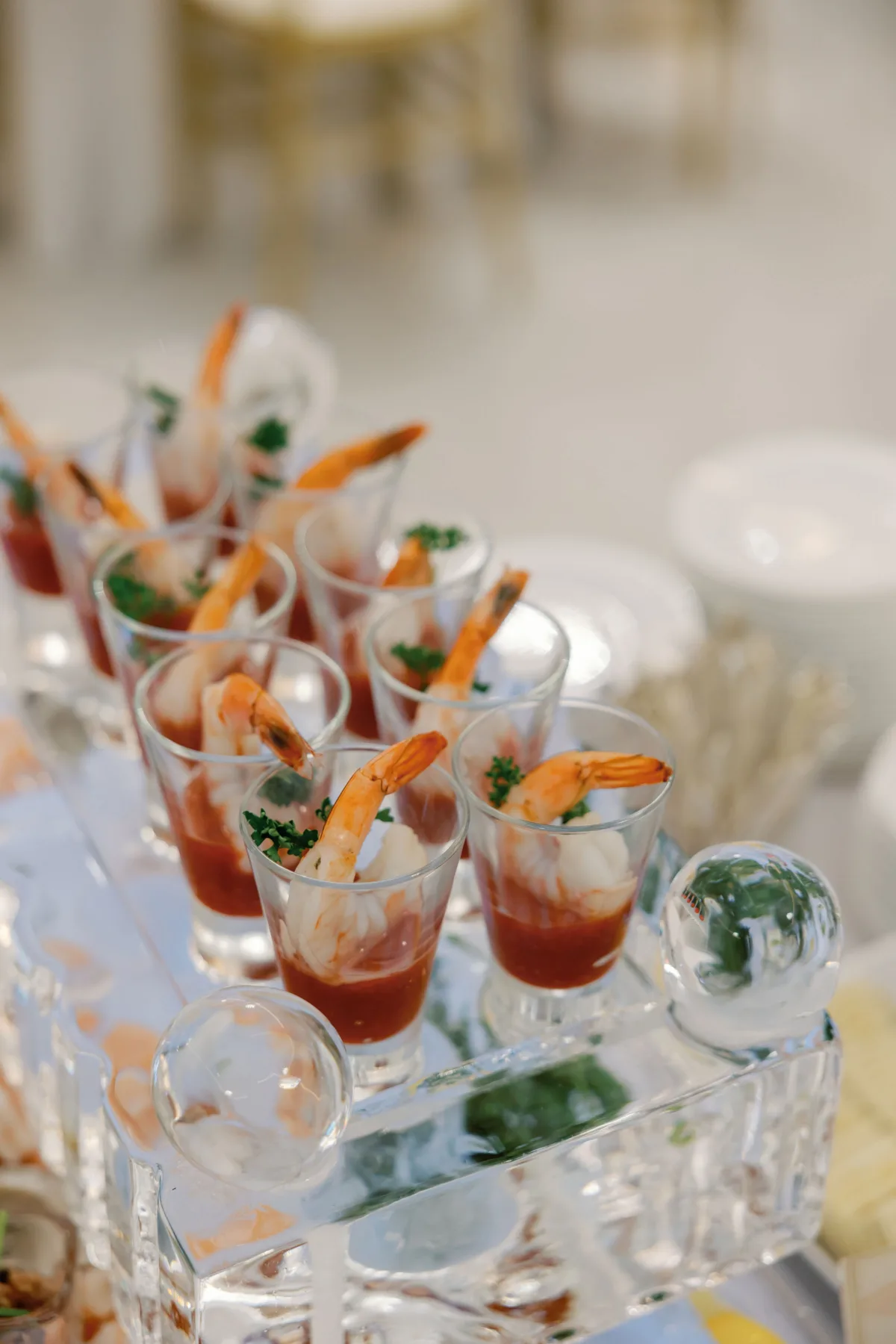 Elegant shrimp cocktail appetizers served in individual glasses by A Catered Affair Nashville wedding caterer