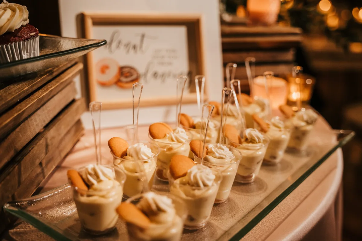 nashville wedding dessert table catered affair elegant sweets - Desserts Elegant wedding dessert table with individual parfait cups and cupcakes created by Nashville caterer A Catered Affair